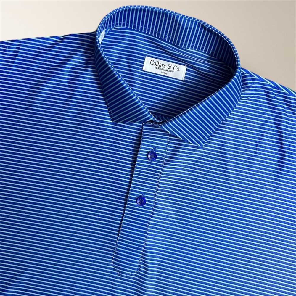 New Collars &‎ Co Mens L Blue Plaid Featherweight Flex Woodmont Polo Golf Shirt